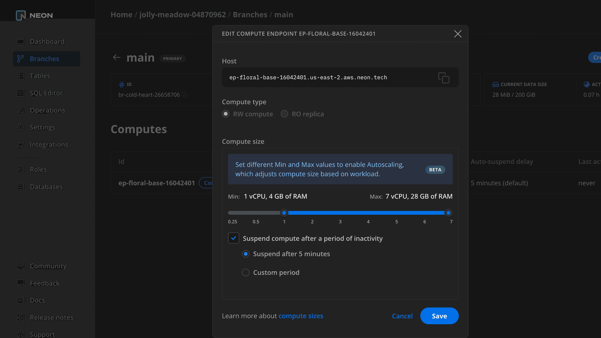 Edit compute endpoint dialog showing an Autoscaling configuration