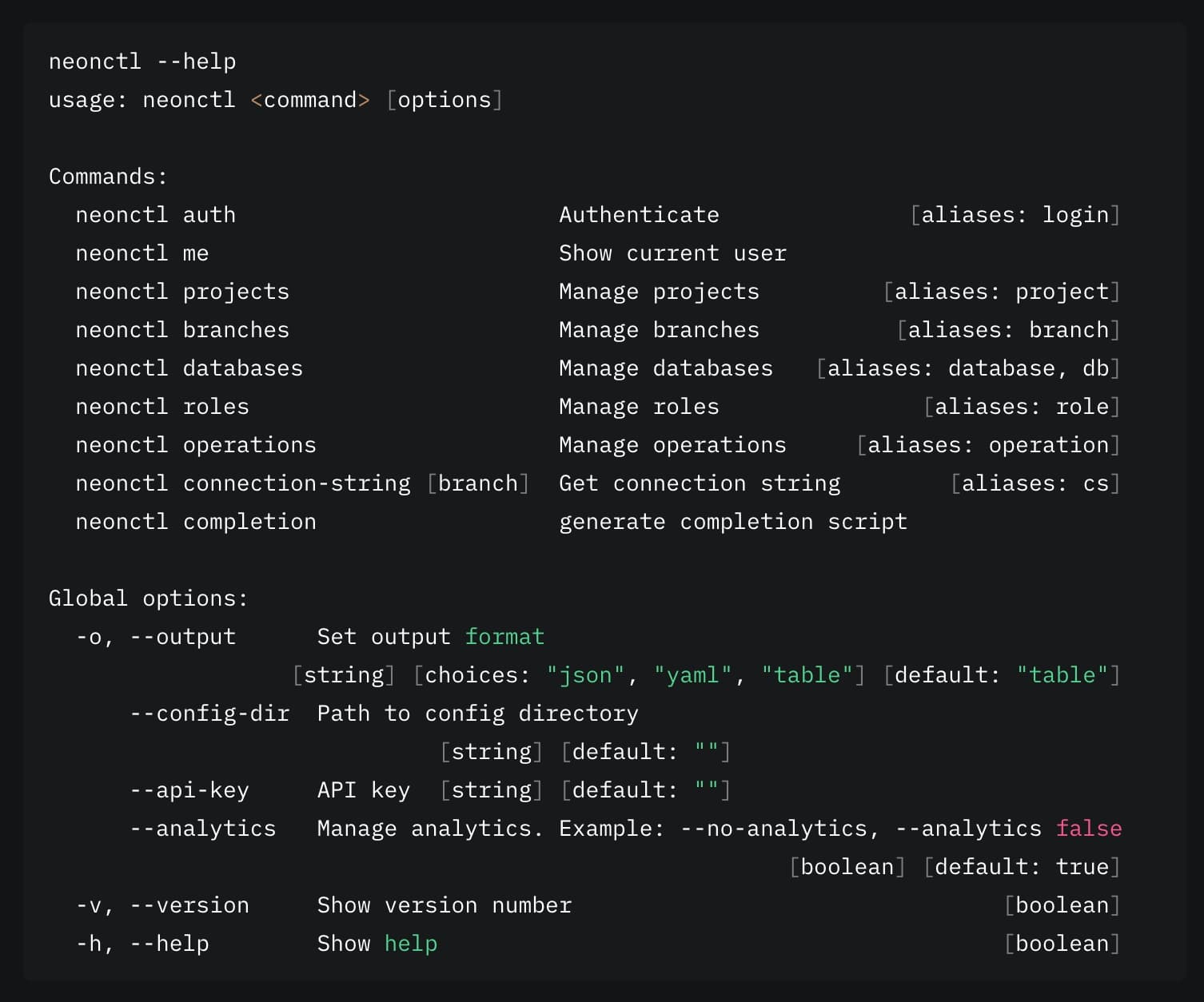 Neon CLI help